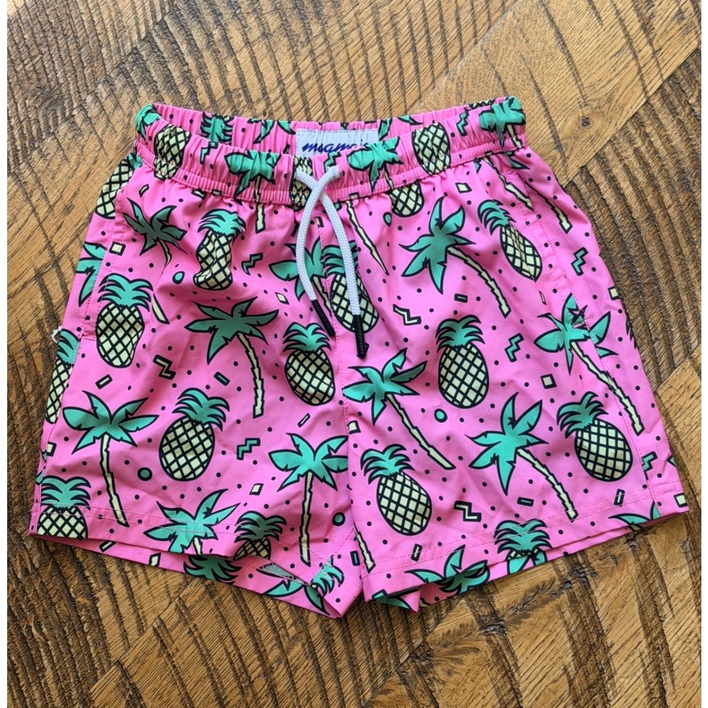 Maamgic Boys Siz 5/6 Swim Trunks With Compression Liner Pink Pineapple Palm Tree